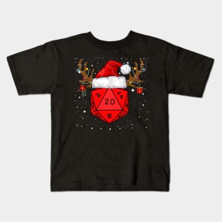Funny D20 Dice Reindeer Santa Hat Christmas Holiday Party Gift Kids T-Shirt